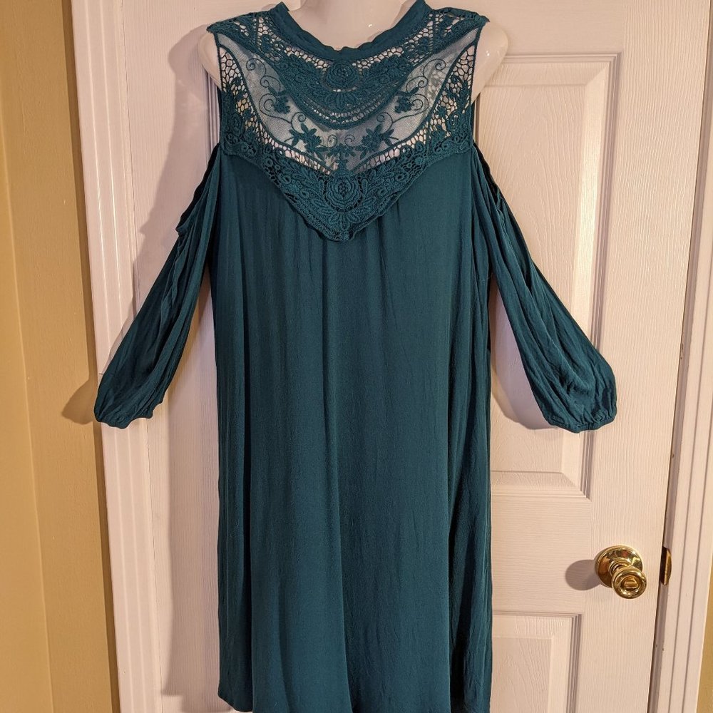 Symphony Deep Teal Cold Shoulder Lace Midi Dress - size 3 XL NWOT